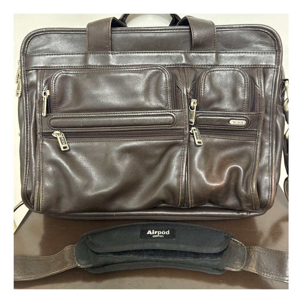 SlimBrown Leather Briefcase Messenger Bag with Multiple Front Pockets